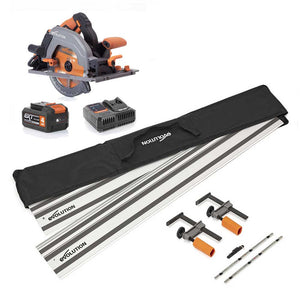Pacchetto Evolution: Sega circolare a batteria 185mm R185CCSX-Li con batteria da 4Ah e caricabatterie + guida di taglio 2,8 metri