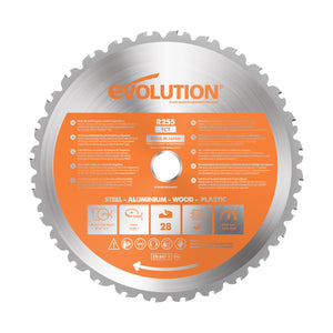 Lama multi-materiale TCT Evolution da 255 mm con 28 denti e alesaggio da 25,4 mm troncatrice angolare e sega da banco