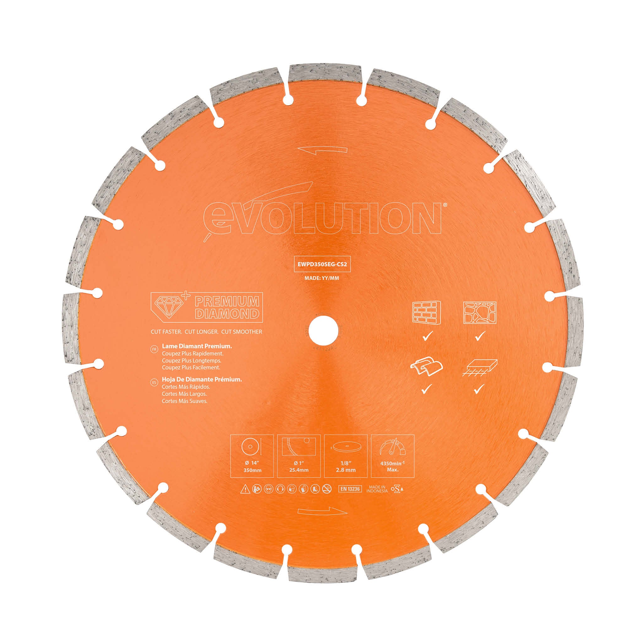Disco diamantato premium Evolution 350mm con alta concentrazione di diamante, bordo segmentato e foro da 22,2mm
