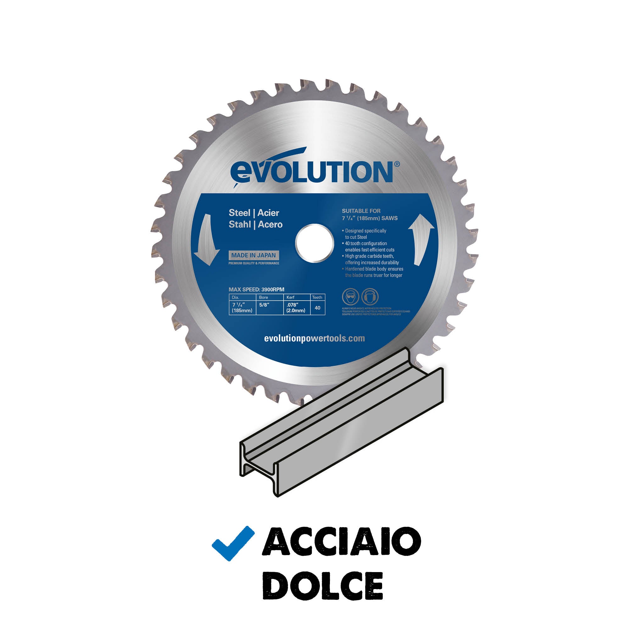 Lama per acciaio in TCT Evolution da 185 mm con 40 denti e alesaggio da 20 mm per sega circolare