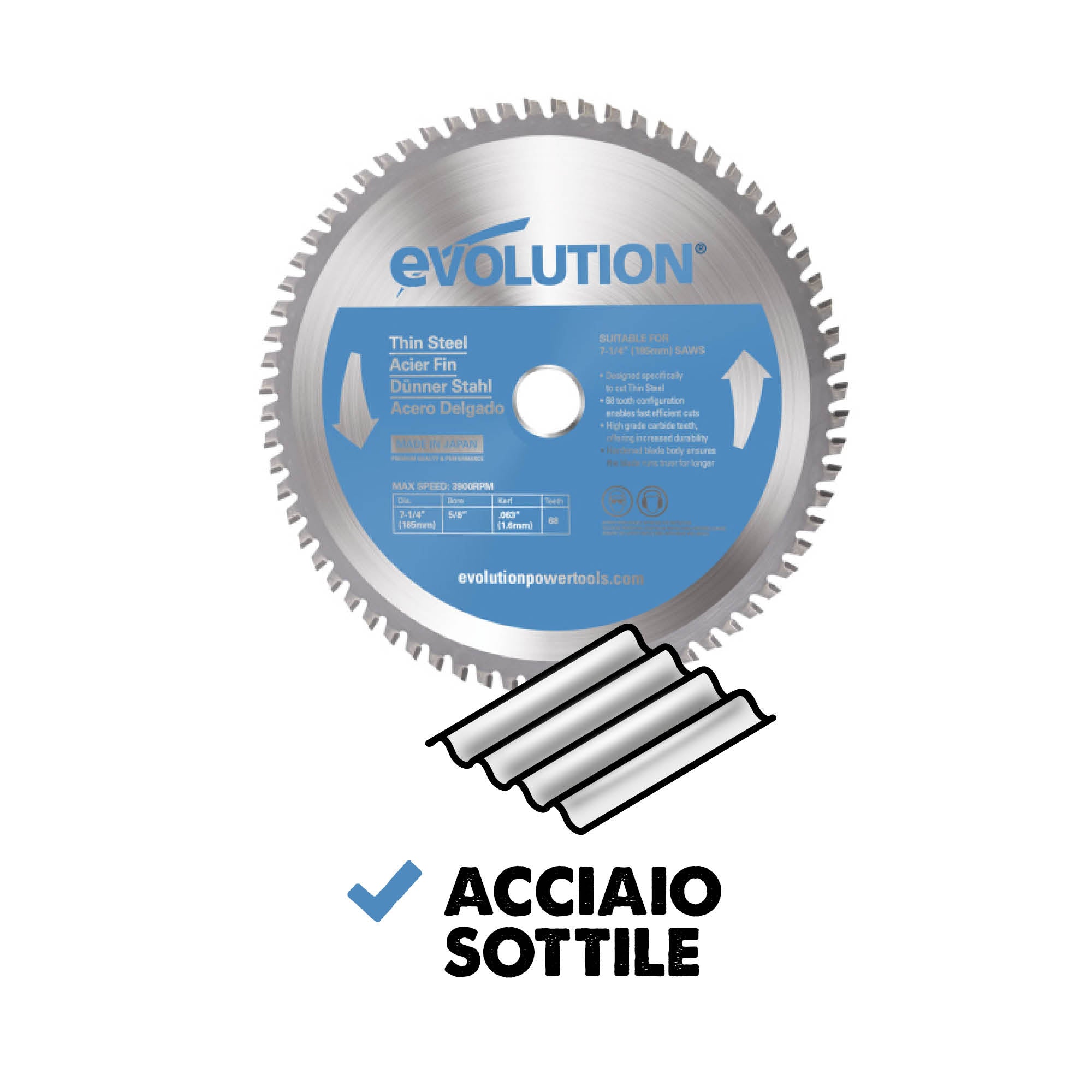 Lama di precisione per acciaio TCT Evolution da 185mm, 68 denti, alesaggio 20mm per sega circolare