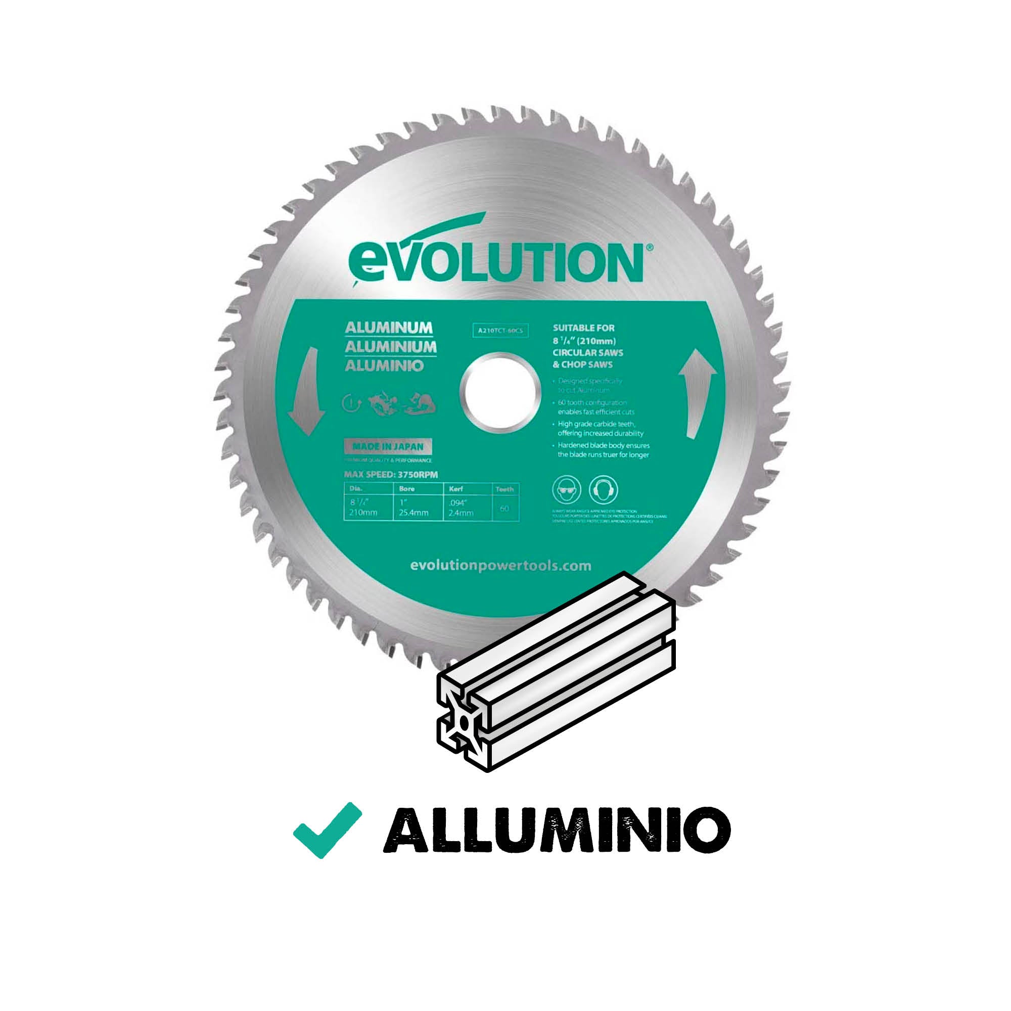 Lama speciale per taglio alluminio TCT Evolution da 210mm, 60 denti, alesaggio 25,4mm per troncatrici