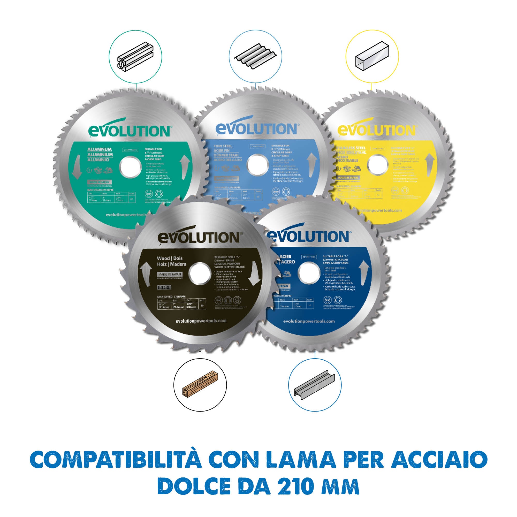 Lama per acciaio in TCT Evolution da 210 mm, 50 denti e alesaggio da 25,4 mm per sega circolare
