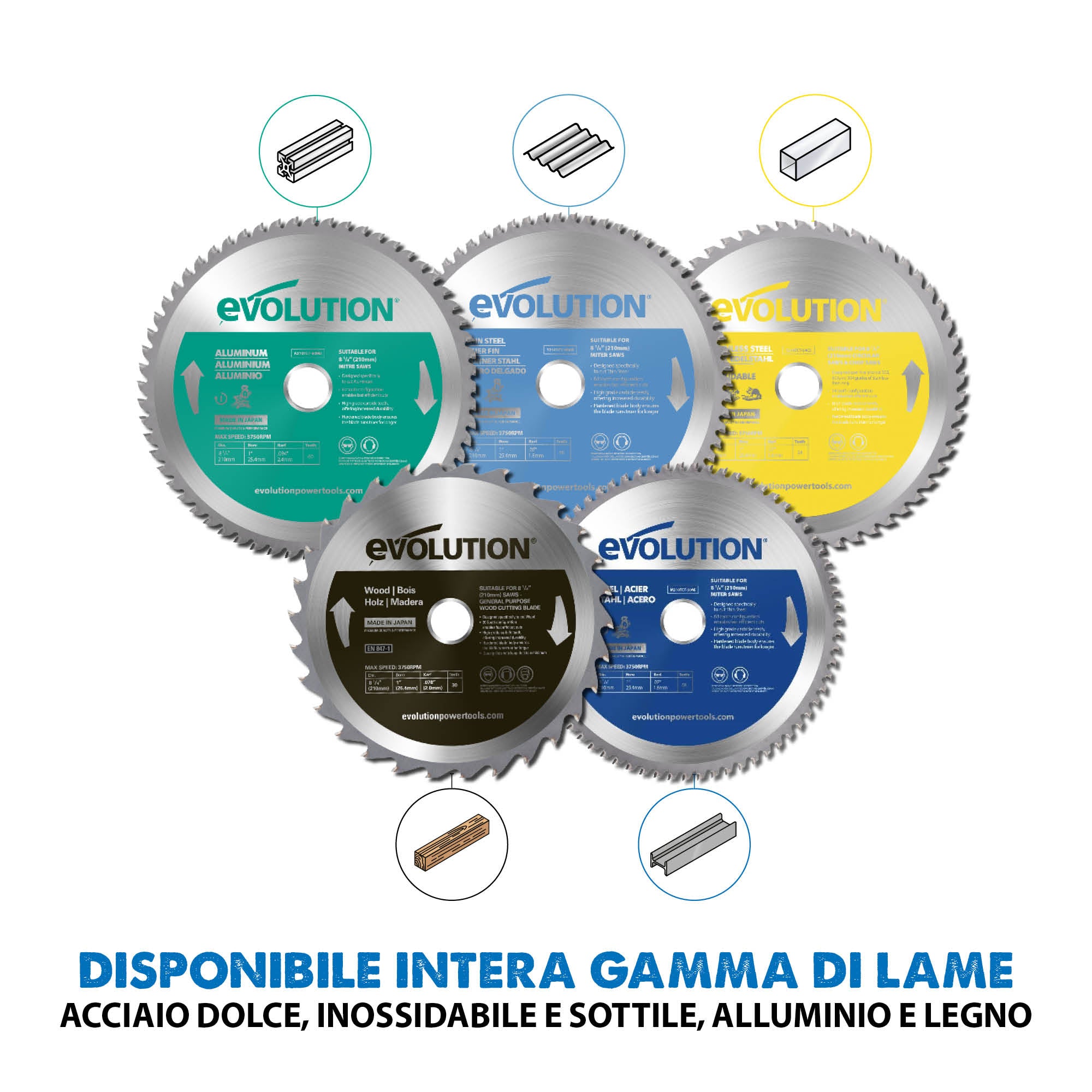 Lama per acciaio in TCT Evolution da 210 mm con 50 denti e alesaggio da 25,4 mm per troncatrice a trazione angolare / radiale