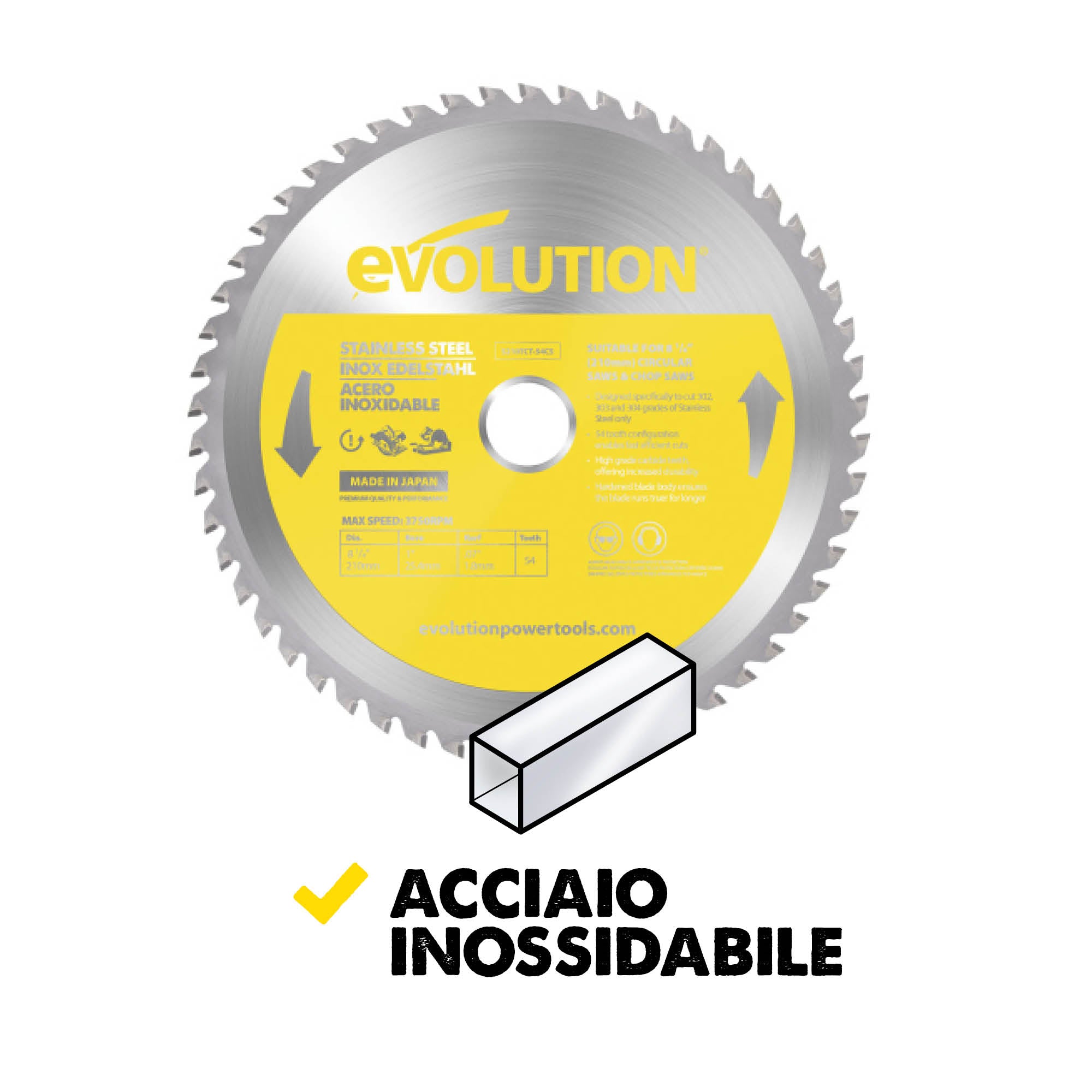 Lama per taglio acciaio inox in TCT Evolution da 210 mm, 54 denti, alesaggio da 25,4 mm per seghe circolari