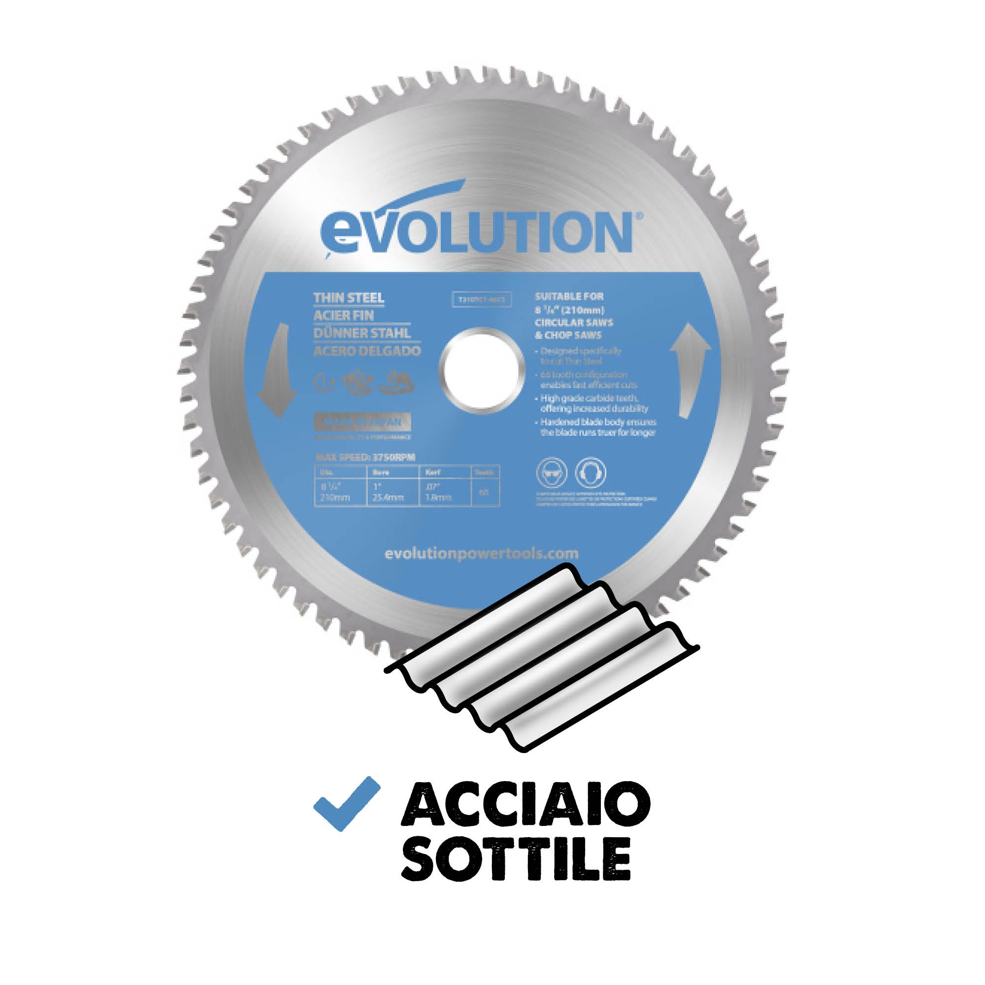Lama di precisione per acciaio TCT Evolution da 210mm, 68 denti, alesaggio 25,4mm per troncatrice e sega circolare