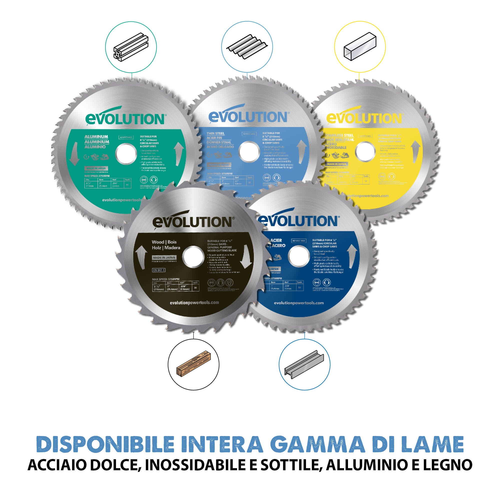 Lama di precisione per acciaio TCT Evolution da 210mm, 68 denti, alesaggio 25,4mm per troncatrice e sega circolare