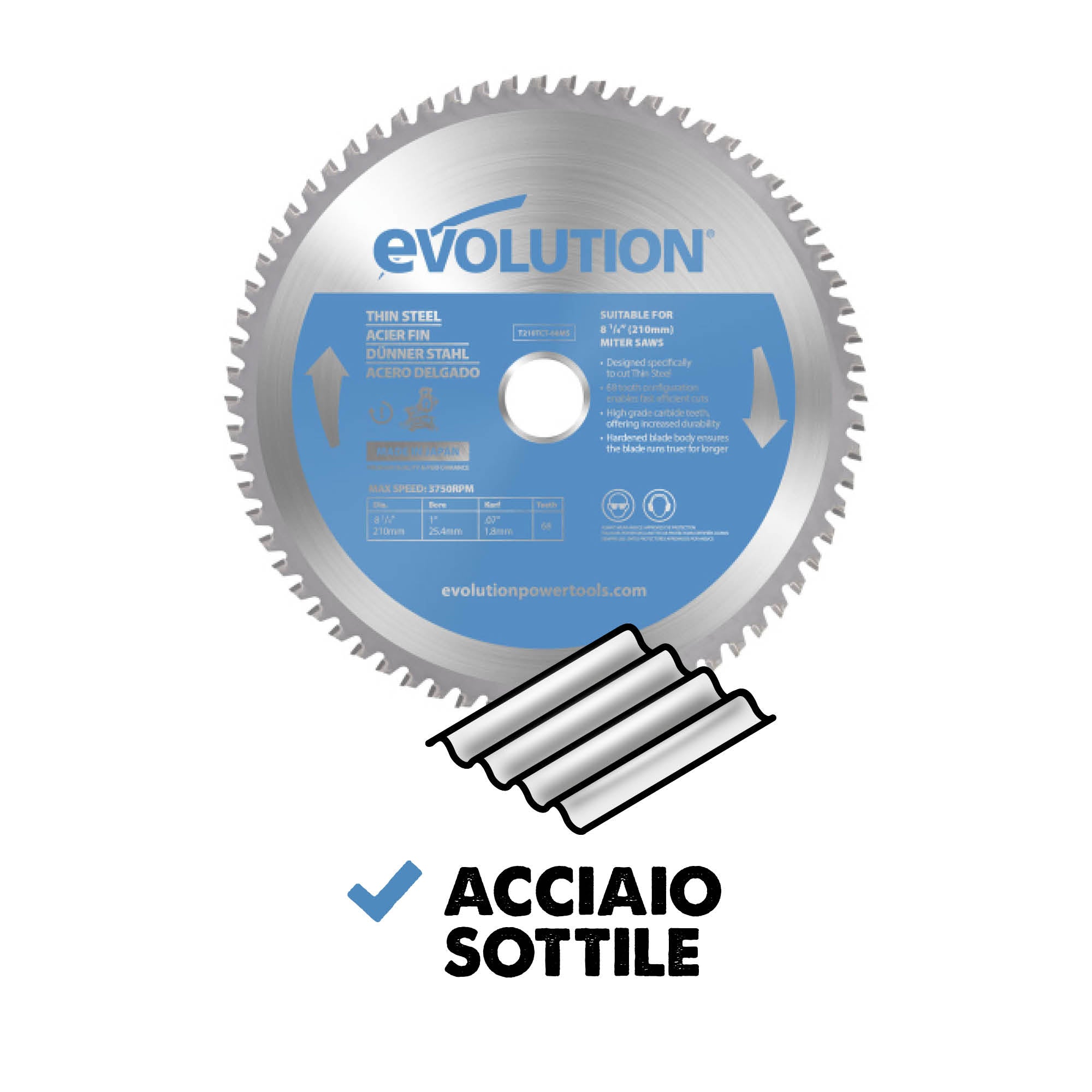 Lama di precisione per acciaio TCT Evolution da 210 mm, 68 denti, alesaggio 25,4 mm per troncatrice angolare.