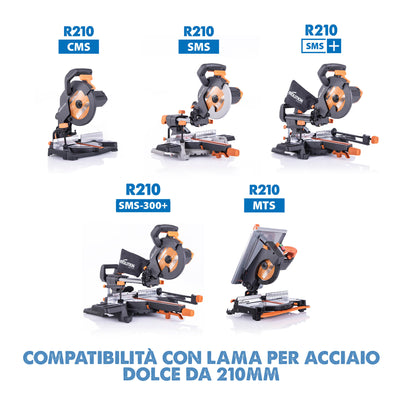 Lama di precisione per acciaio TCT Evolution da 210 mm, 68 denti, alesaggio 25,4 mm per troncatrice angolare.