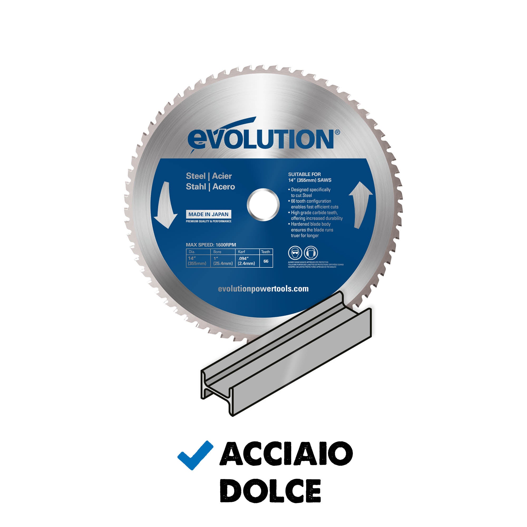 Lama professionale per acciaio in TCT Evolution da 255mm con 52 denti, alesaggio 25,4mm per troncatrice radiale angolare