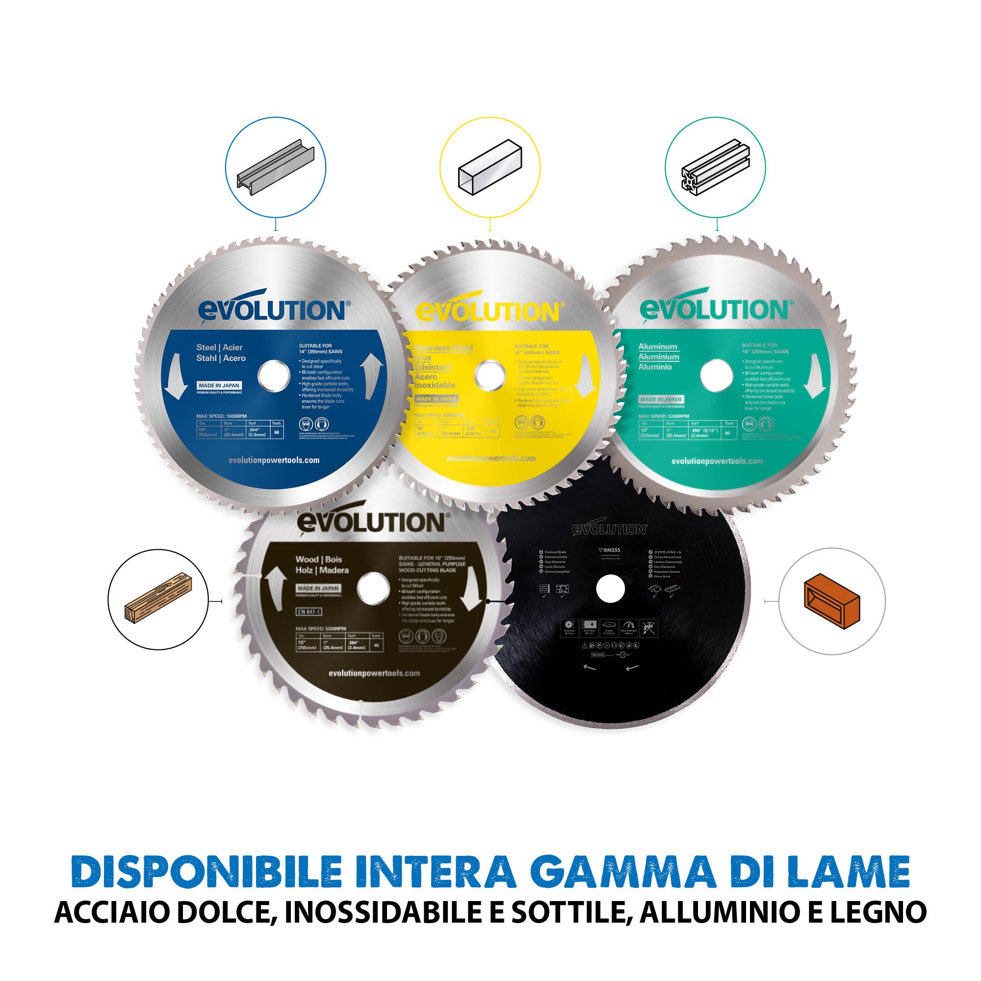 Lama professionale per acciaio in TCT Evolution da 255mm con 52 denti, alesaggio 25,4mm per troncatrice radiale angolare