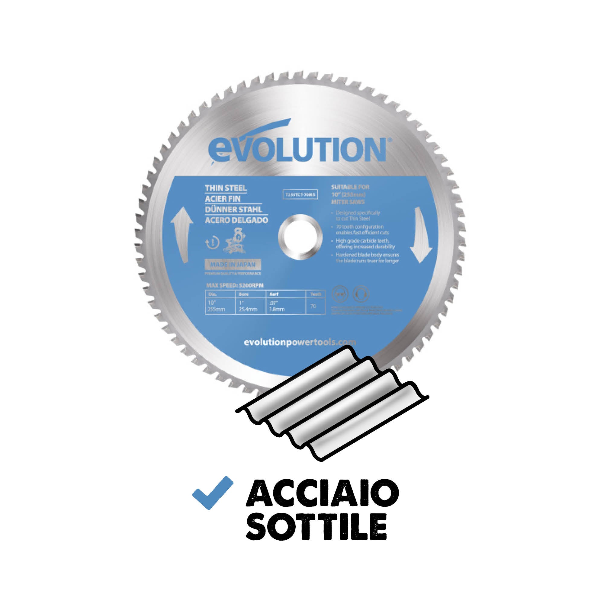 Lama di precisione per acciaio TCT Evolution da 255mm, 70 denti, alesaggio 25,4 mm per troncatrice angolare.