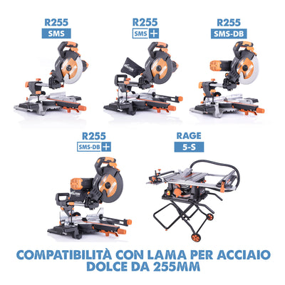 Lama di precisione per acciaio TCT Evolution da 255mm, 70 denti, alesaggio 25,4 mm per troncatrice angolare.