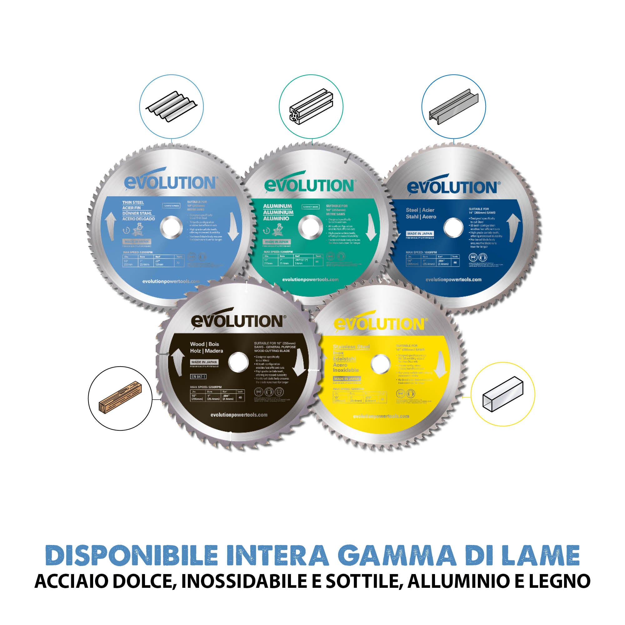 Lama di precisione per acciaio TCT Evolution da 255mm, 70 denti, alesaggio 25,4 mm per troncatrice angolare.