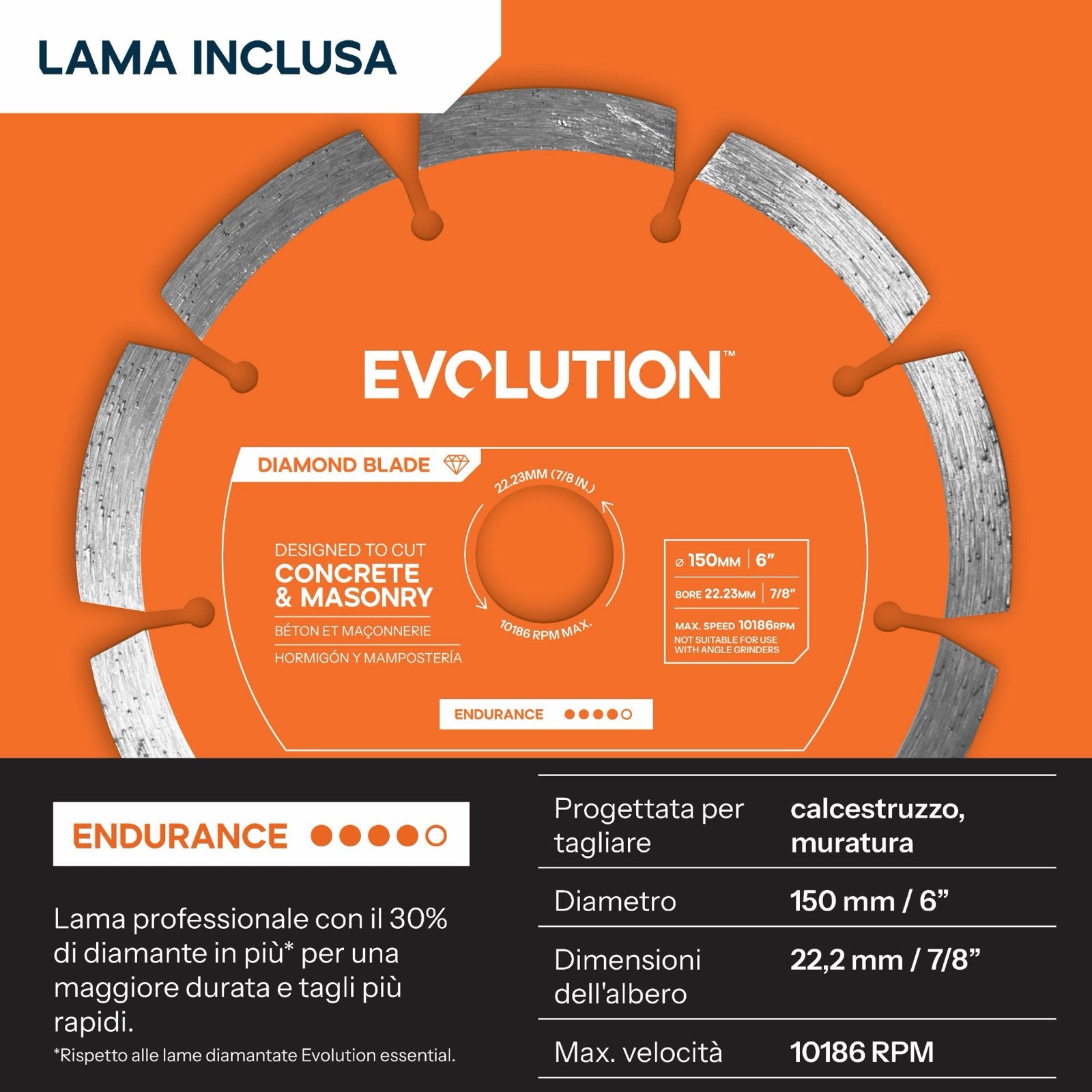 Disco diamantato Endurance per cemento da 150mm, con diametro interno di 22.2mm