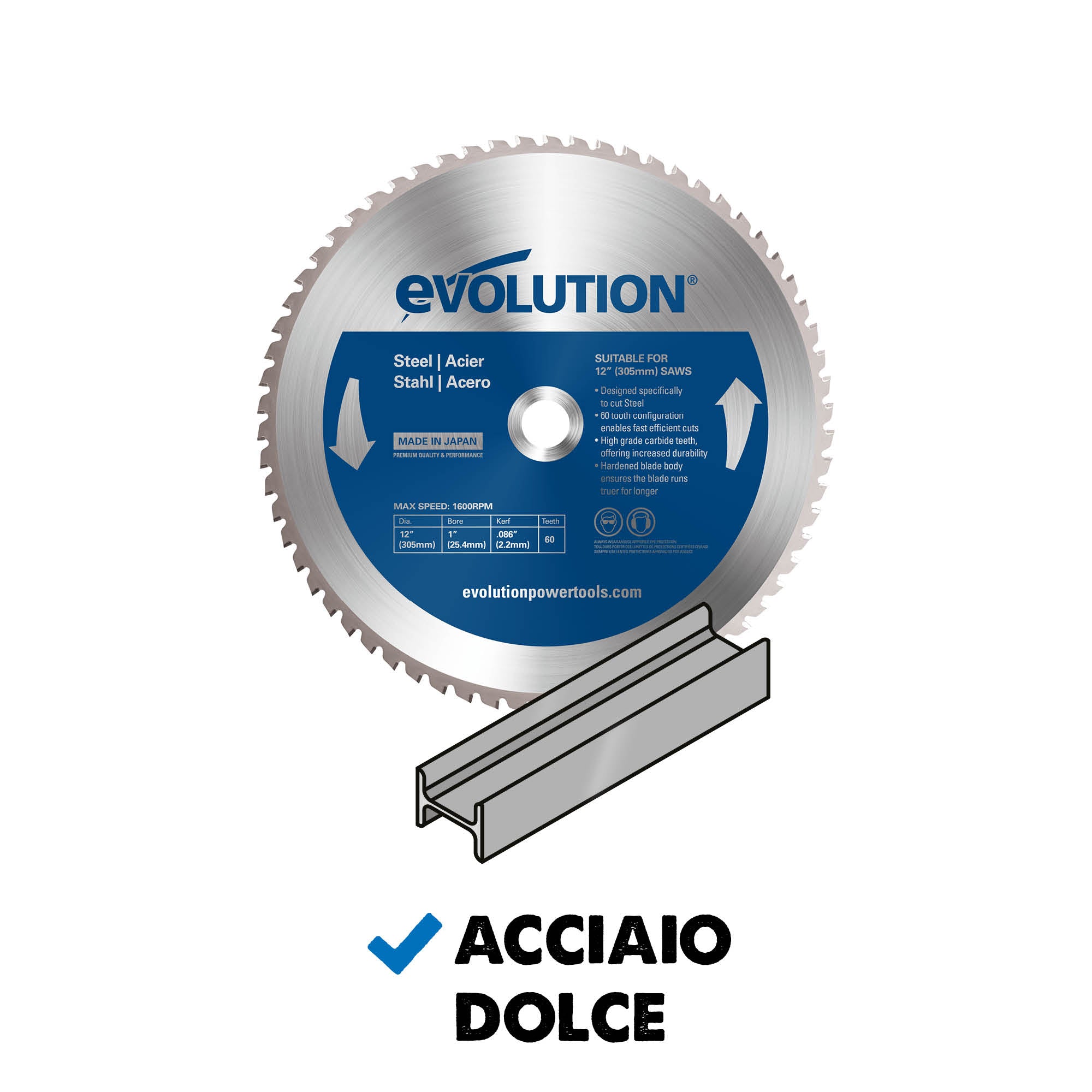 Lama per acciaio in TCT Evolution da 305 mm, 60 denti, alesaggio da 25,4 mm per troncatrice