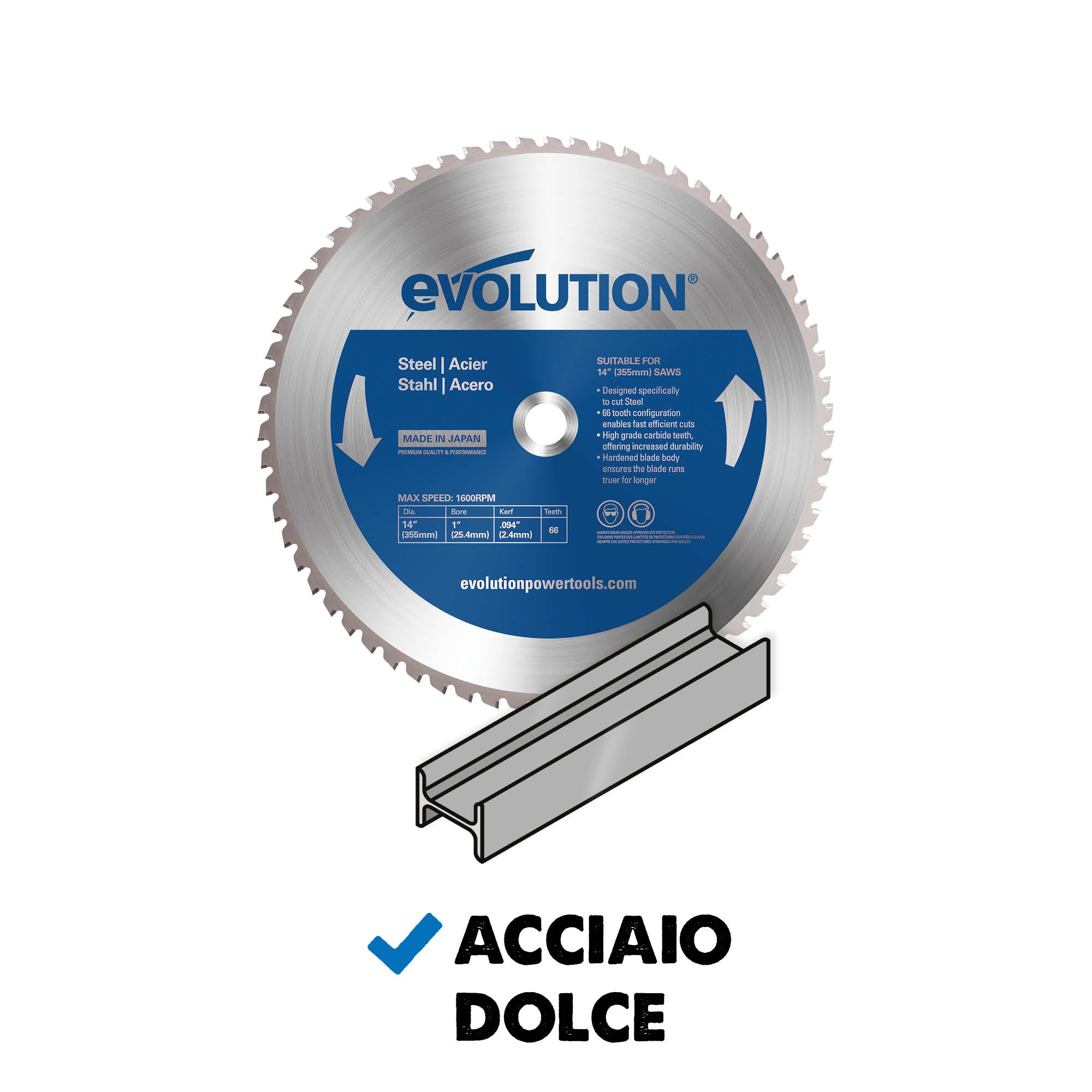 Lama per acciaio in TCT Evolution da 355mm con 66 denti, alesaggio 25,4mm per troncatrice a trazione e angolare
