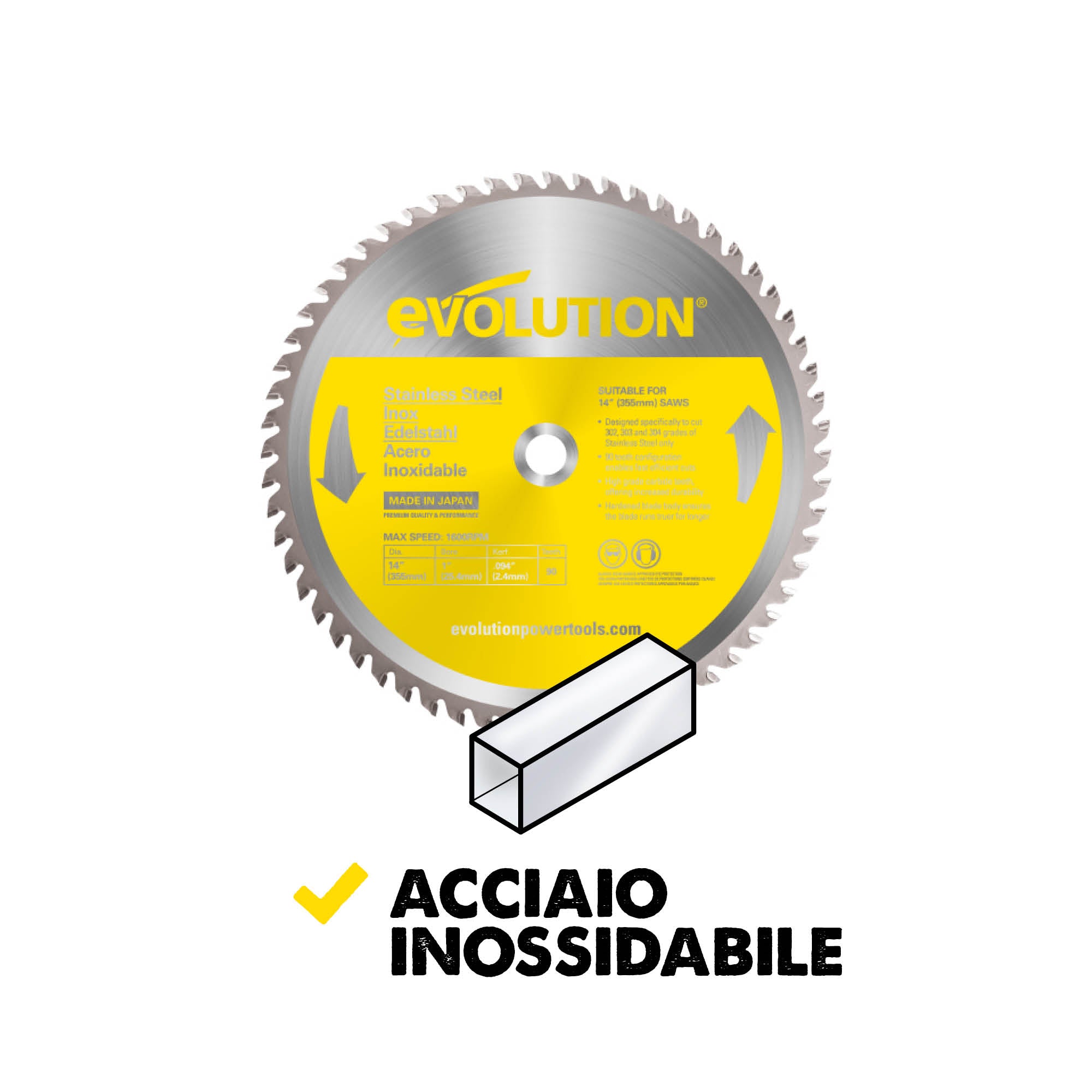 Lama per taglio acciaio inox in TCT Evolution da 355mm, 90 denti foro 25,4mm per sega circolare.