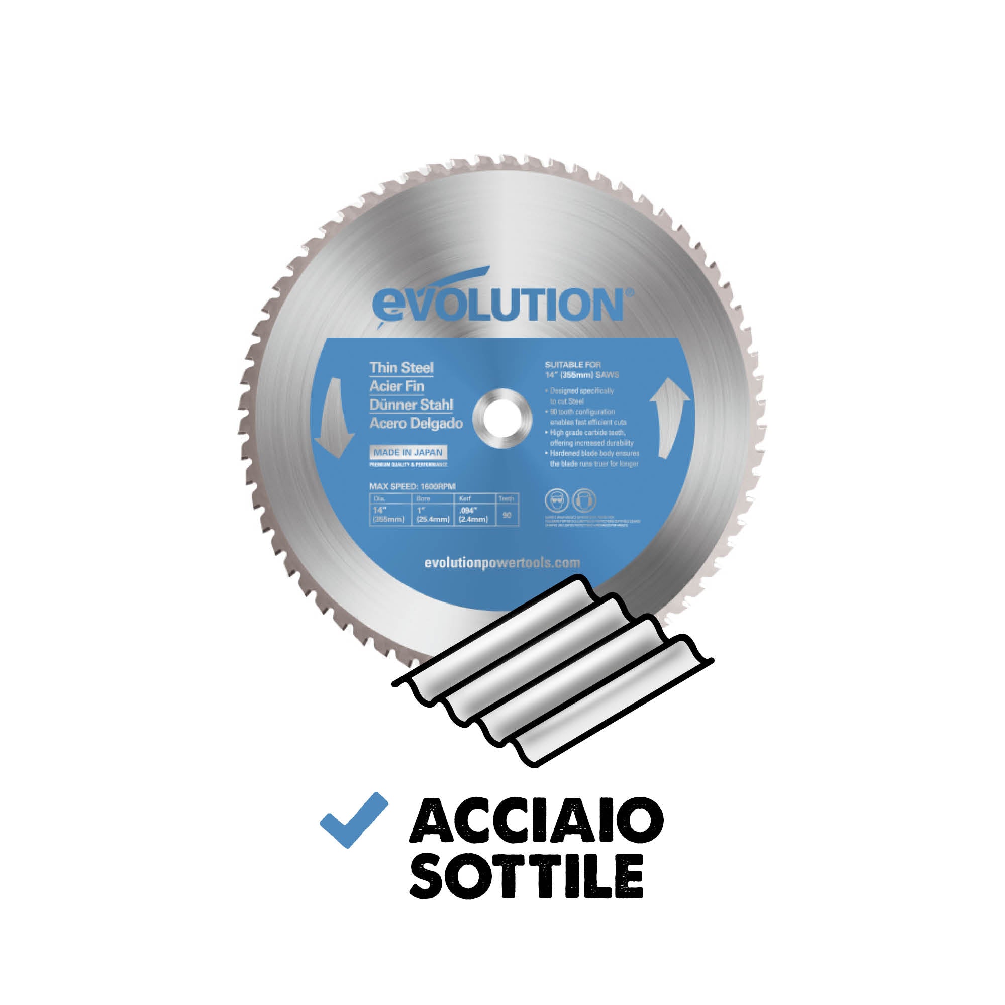 Lama di precisione per acciaio TCT Evolution da 355mm, 90 denti, alesaggio da 25.4mm per troncatrice angolare e a trazione.