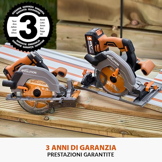 Pacchetto Evolution: Sega circolare a batteria 185mm R185CCSX-Li con batteria da 4Ah e caricabatterie + guida di taglio 2,8 metri