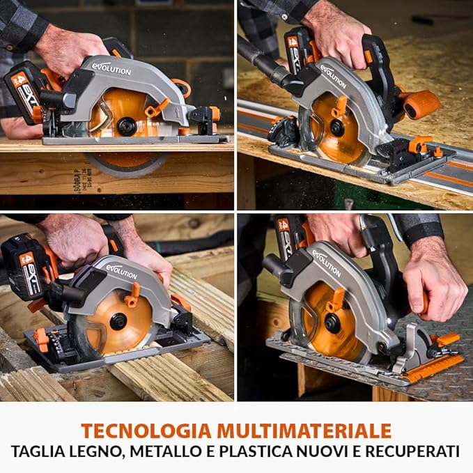 Pacchetto Evolution: Sega circolare a batteria 185mm R185CCSX-Li con batteria da 4Ah e caricabatterie + guida di taglio 2,8 metri