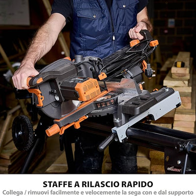 Pacchetto Evolution: Troncatrice radiale a doppia inclinazione da 255mm R255SMS-DB+ con lama multi-materiale TCT e lama per legno da finitura + Supporto universale PLUS