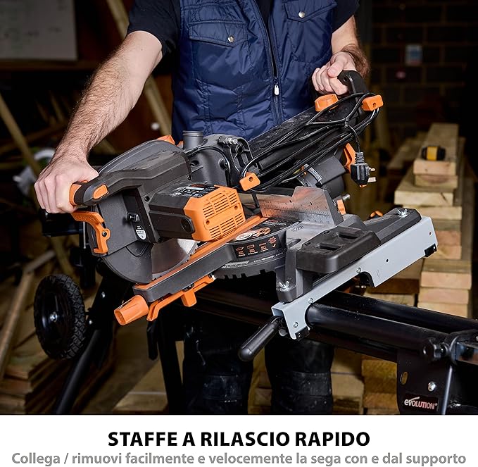 Pacchetto Evolution: Troncatrice radiale a doppia inclinazione da 255mm R255SMS-DB+ con lama multi-materiale TCT e lama per legno da finitura + Supporto universale PLUS
