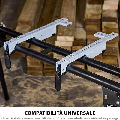Pacchetto Evolution: Troncatrice radiale a doppia inclinazione da 255mm R255SMS-DB+ con lama multi-materiale TCT e lama per legno da finitura + Supporto universale PLUS