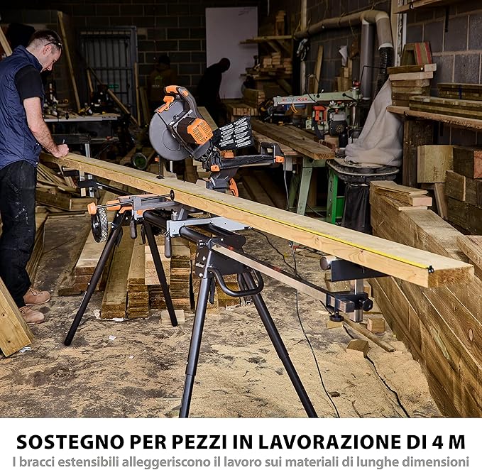 Pacchetto Evolution: Troncatrice radiale a doppia inclinazione da 255mm R255SMS-DB+ con lama multi-materiale TCT e lama per legno da finitura + Supporto universale PLUS