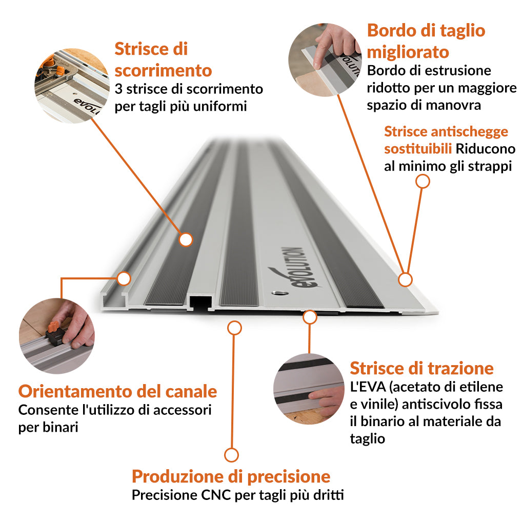 Pacchetto Evolution: Sega circolare S210CCS da 210mm per il taglio del metallo + binari di guida al taglio da 1,4m
