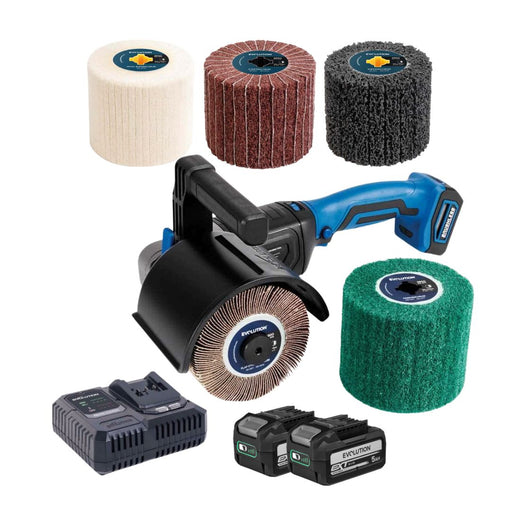Pacchetto Evolution: Satinatrice a batteria S120SCT-Li con 2 batterie da 5 Ah, caricabatterie e kit di rulli lamellari