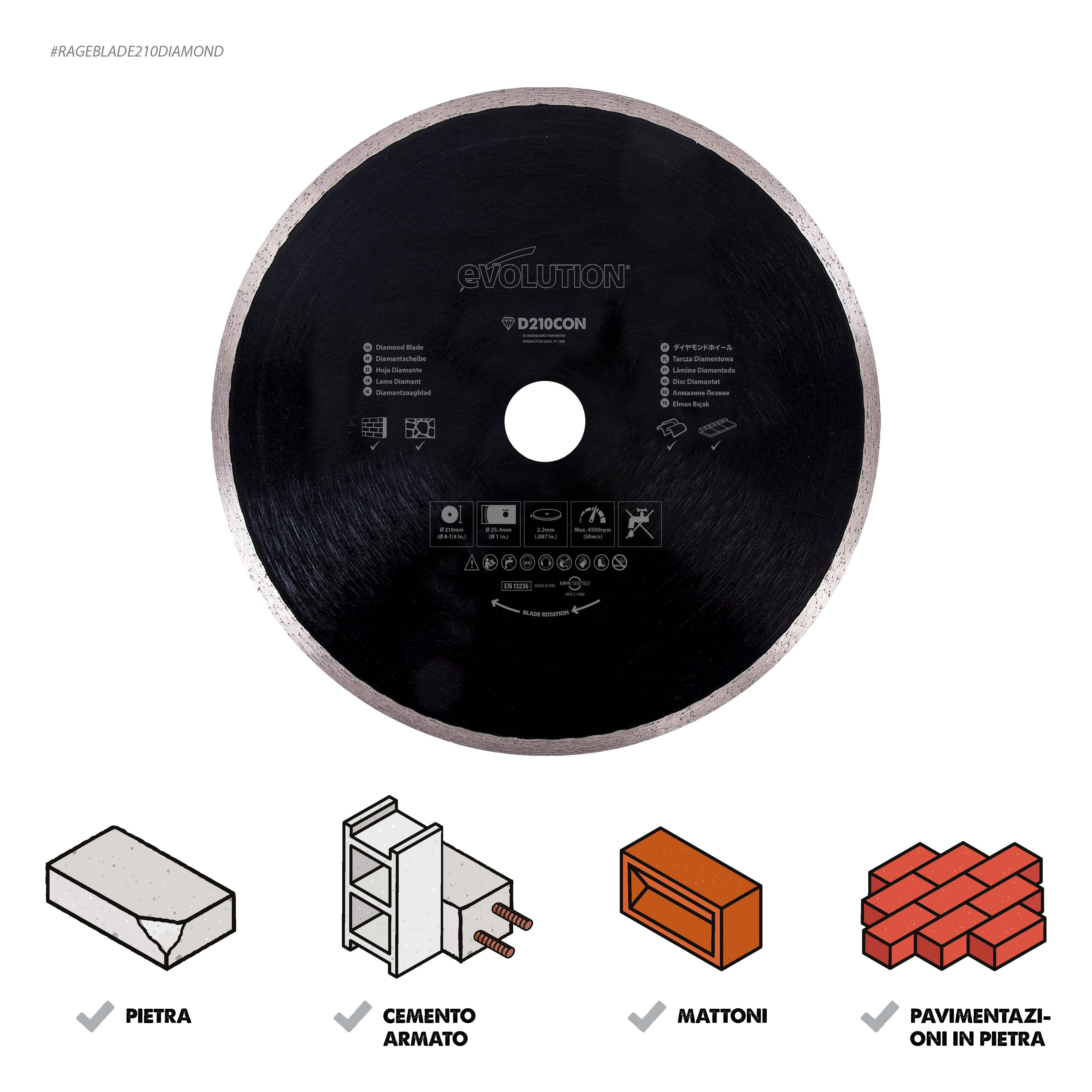 Disco diamantato Evolution da 210 mm con alesaggio da 25,4 mm per troncatrice radiale / a trazione e sega da banco