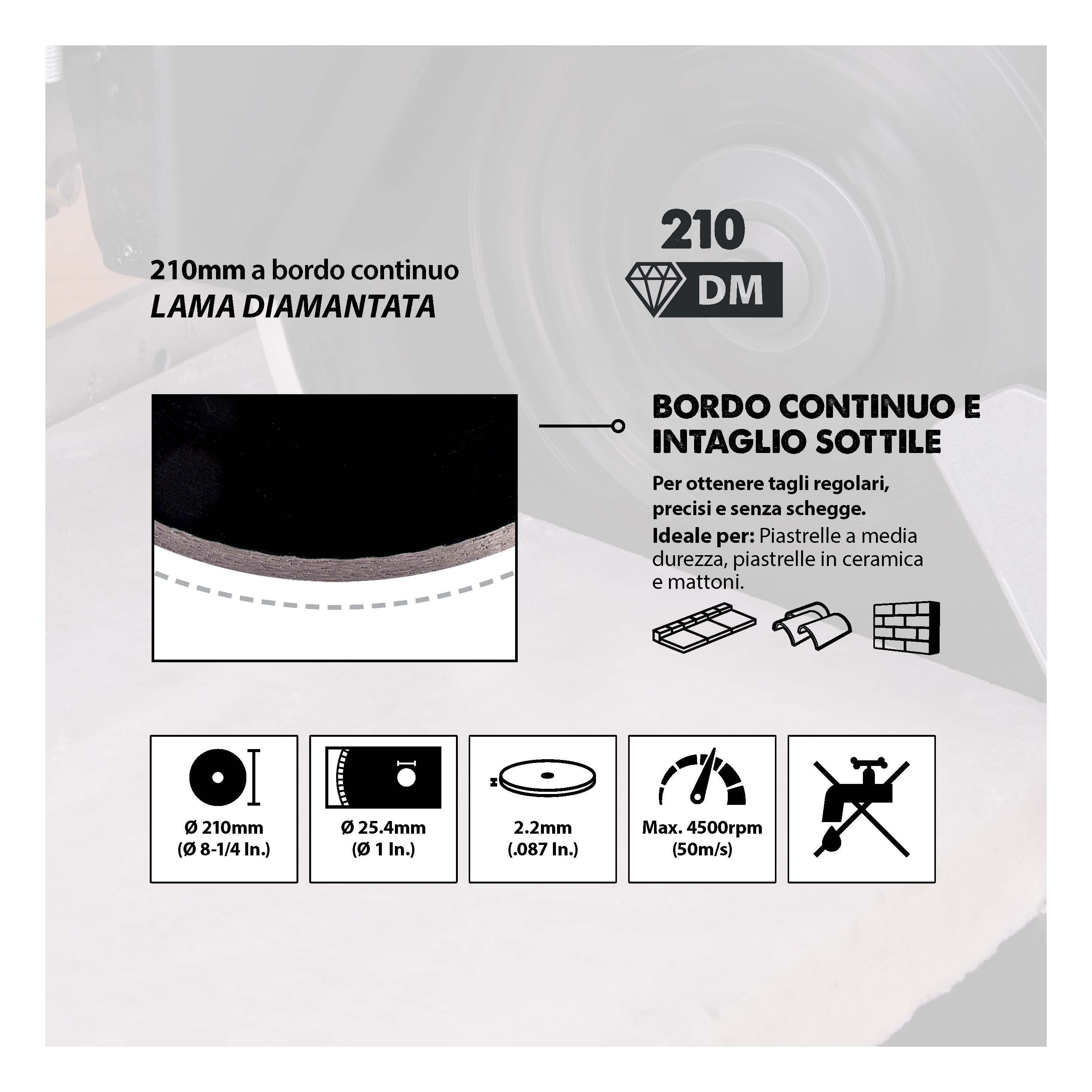 Disco diamantato Evolution da 210 mm con alesaggio da 25,4 mm per troncatrice radiale / a trazione e sega da banco