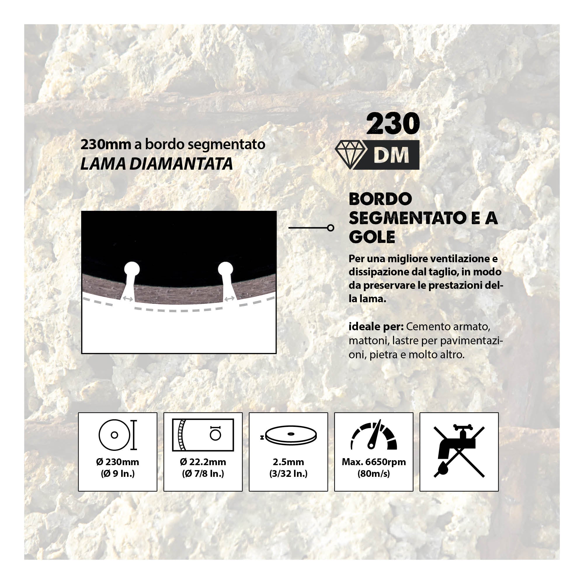 Disco diamantato segmentato Evolution da 230mm, alesaggio da 22,2mm