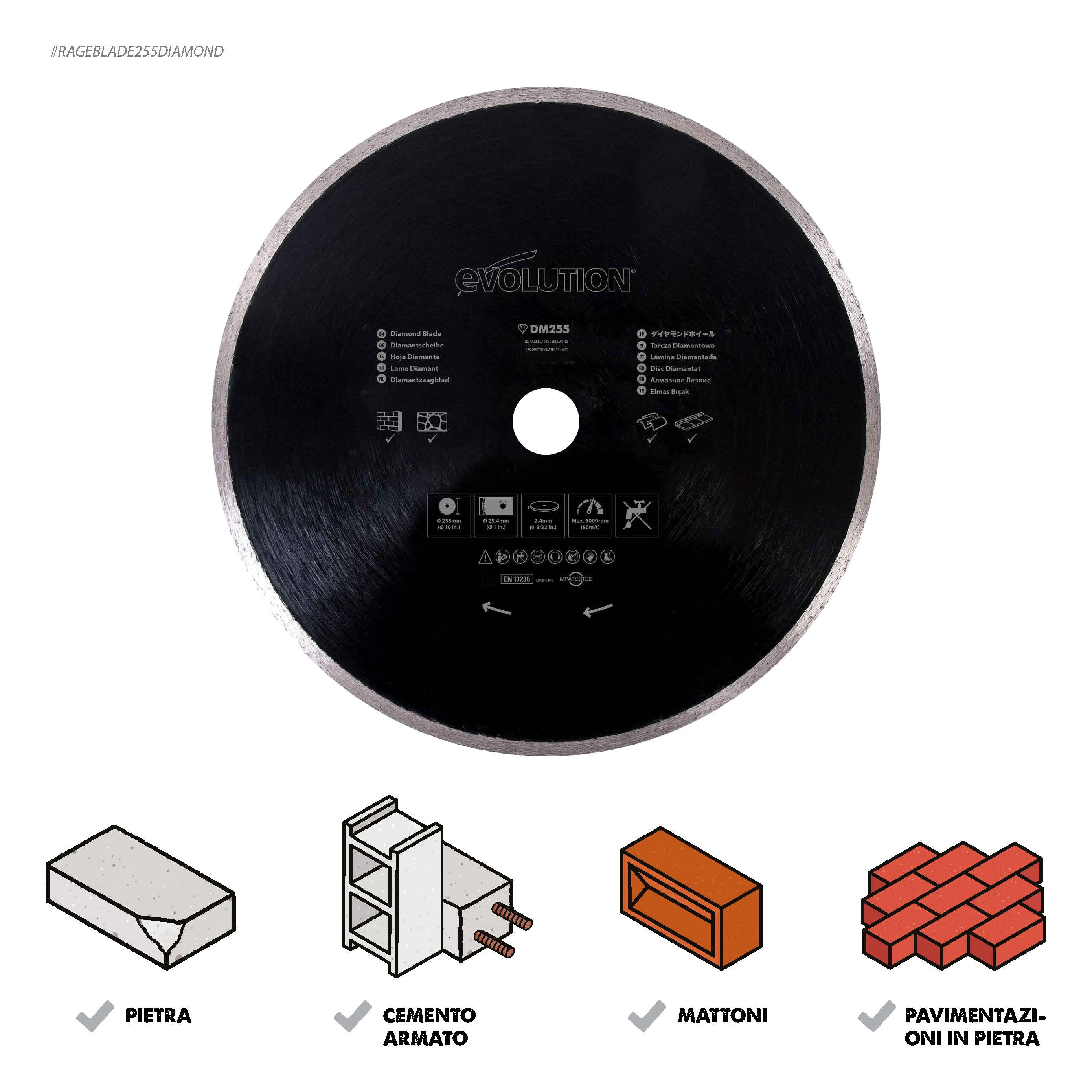 Disco diamantato Evolution da 255 mm con alesaggio da 25,4 mm per troncatrice radiale / a trazione e sega da banco