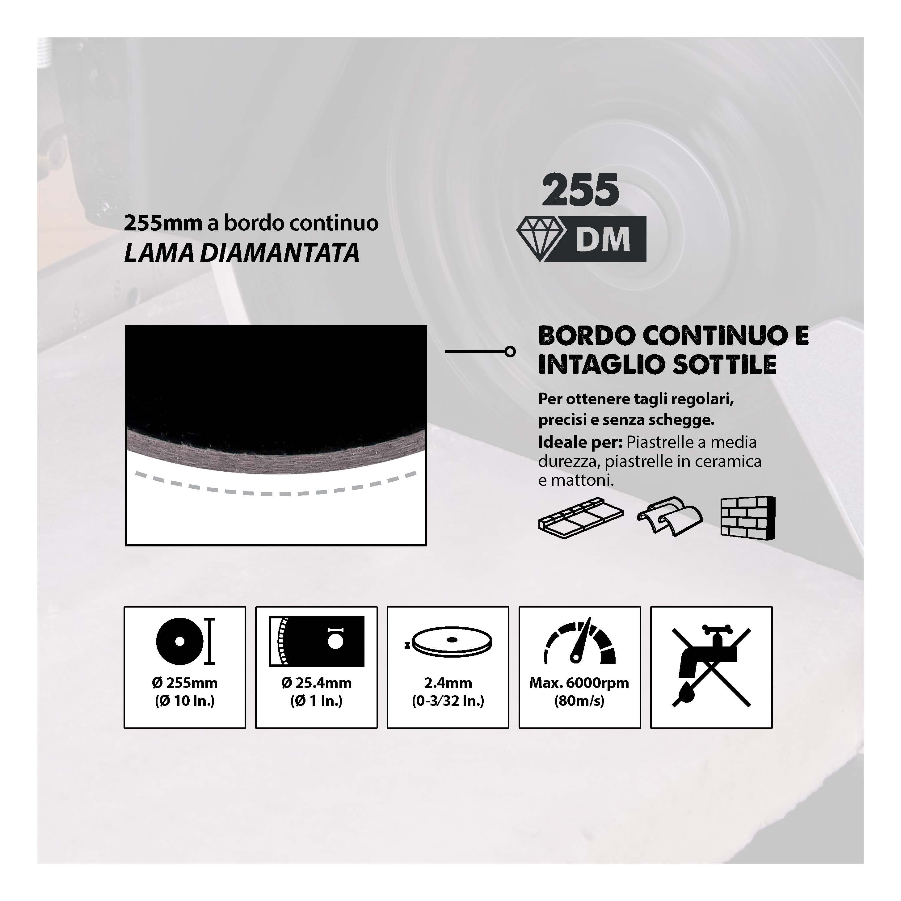 Disco diamantato Evolution da 255 mm con alesaggio da 25,4 mm per troncatrice radiale / a trazione e sega da banco