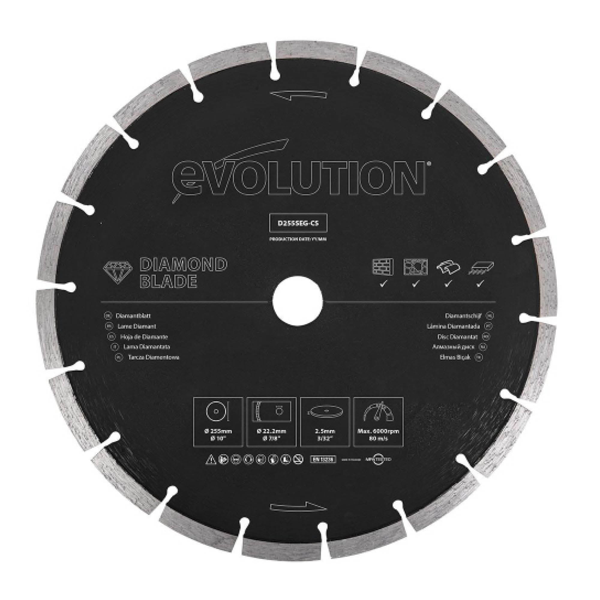 Disco diamantato segmentato Evolution da 255 mm, alesaggio da 22,2 mm
