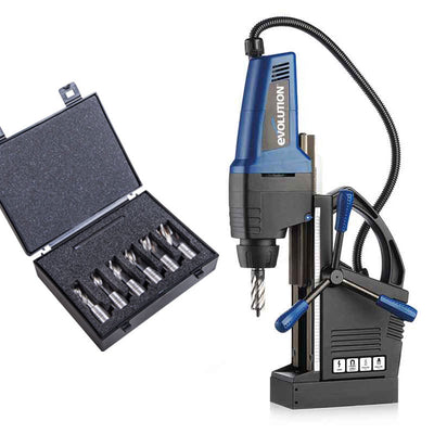 Pacchetto Evolution: Trapano magnetico a colonna  portatile per metalli EVOMAG42 + kit da 6 frese profondità max 25mm