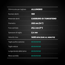Lama EVOMAX 355mm con 100 denti per il taglio professionale e intensivo dell’alluminio