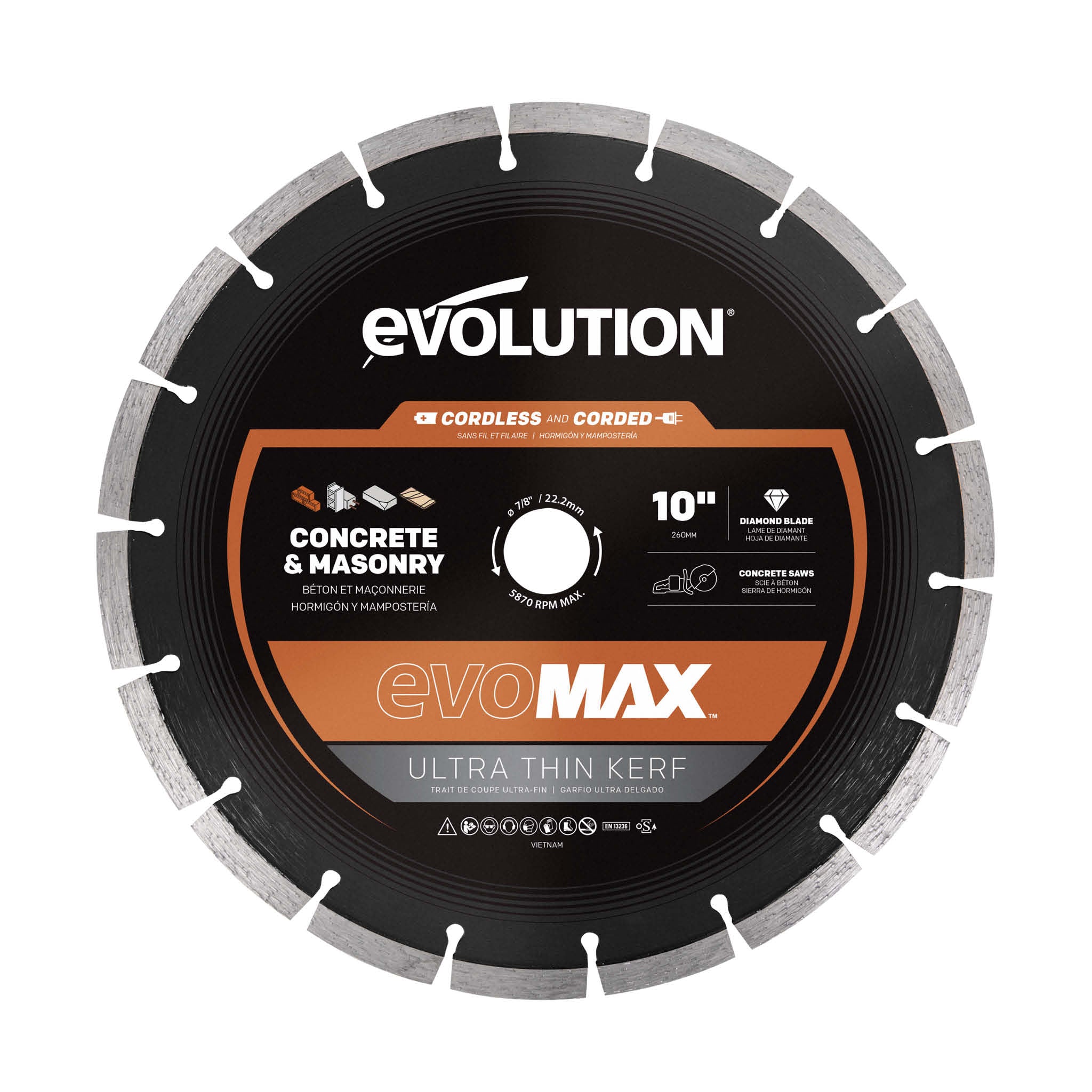 Disco diamantato EVOMAX 260mm – ultra sottile, specifico per seghe a disco a batteria