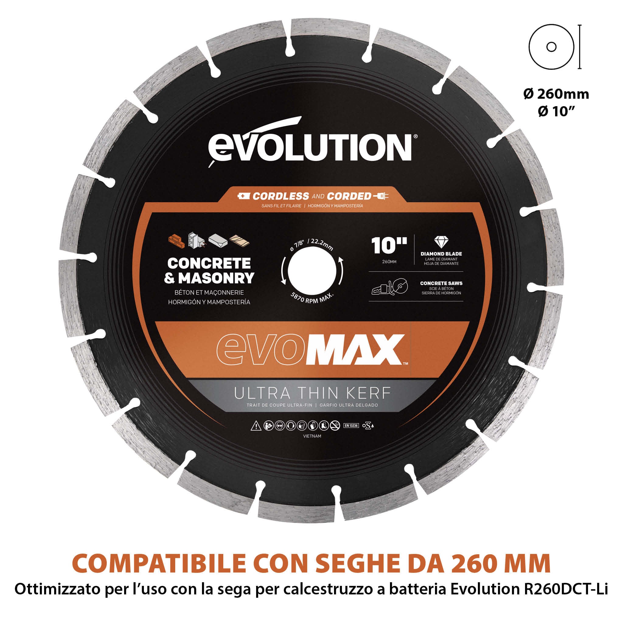 Disco diamantato EVOMAX 260mm – ultra sottile, specifico per seghe a disco a batteria
