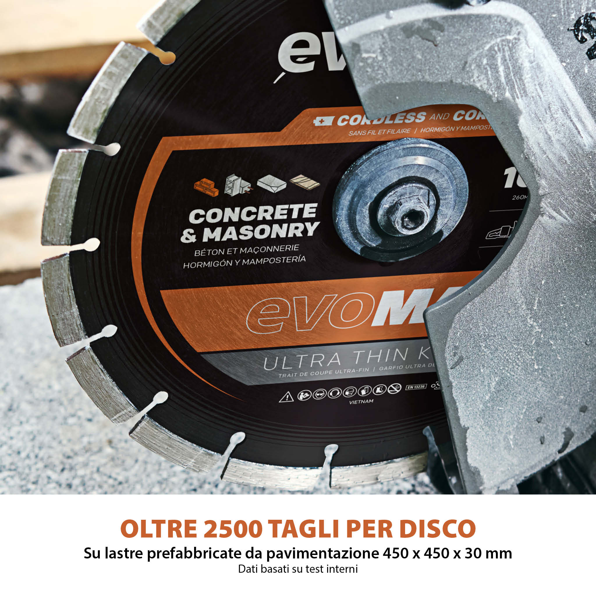 Disco diamantato EVOMAX 260mm – ultra sottile, specifico per seghe a disco a batteria