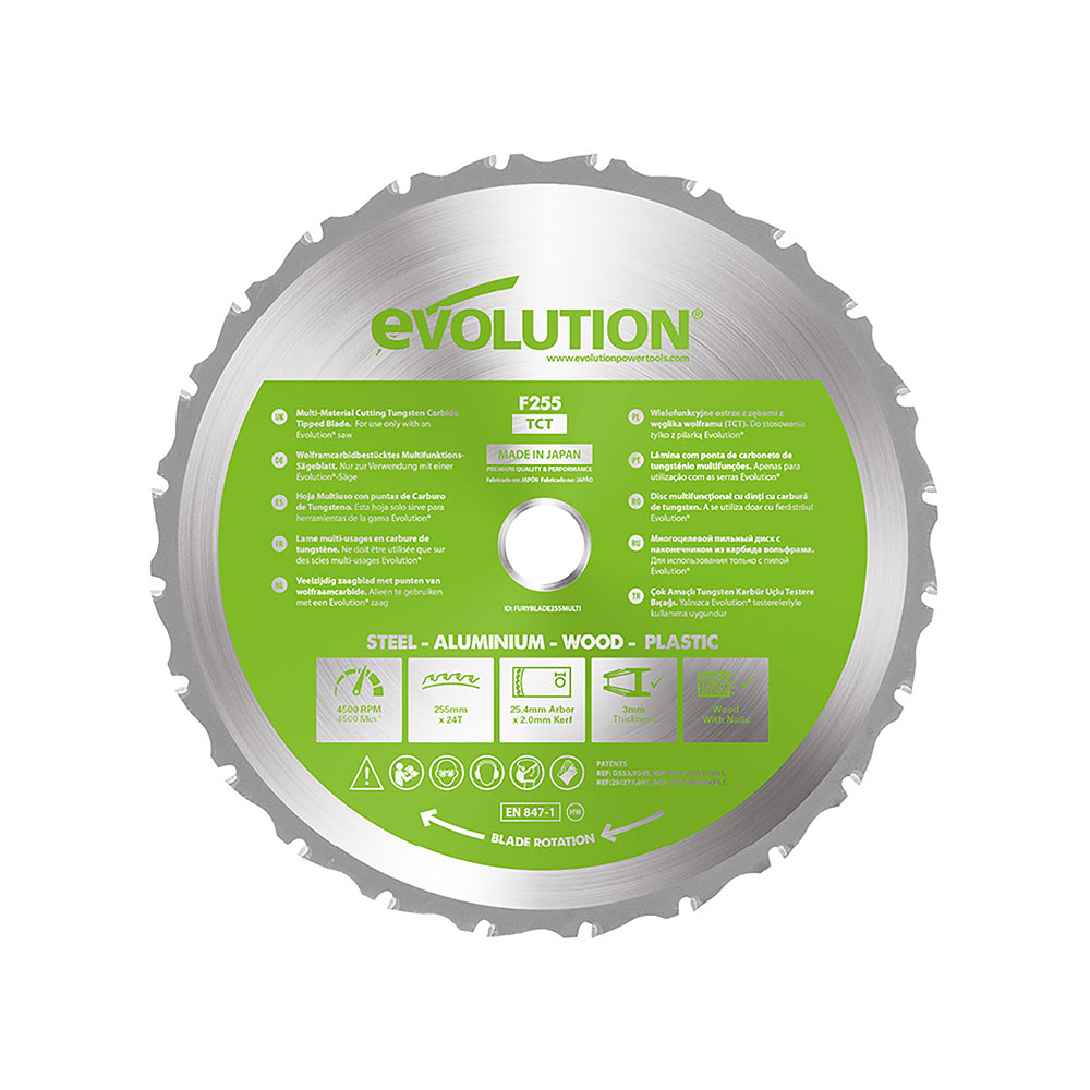 Lama multi-materiale TCT Evolution da 255 mm con 24 denti e alesaggio da 25,4 mm per troncatrice e sega da banco