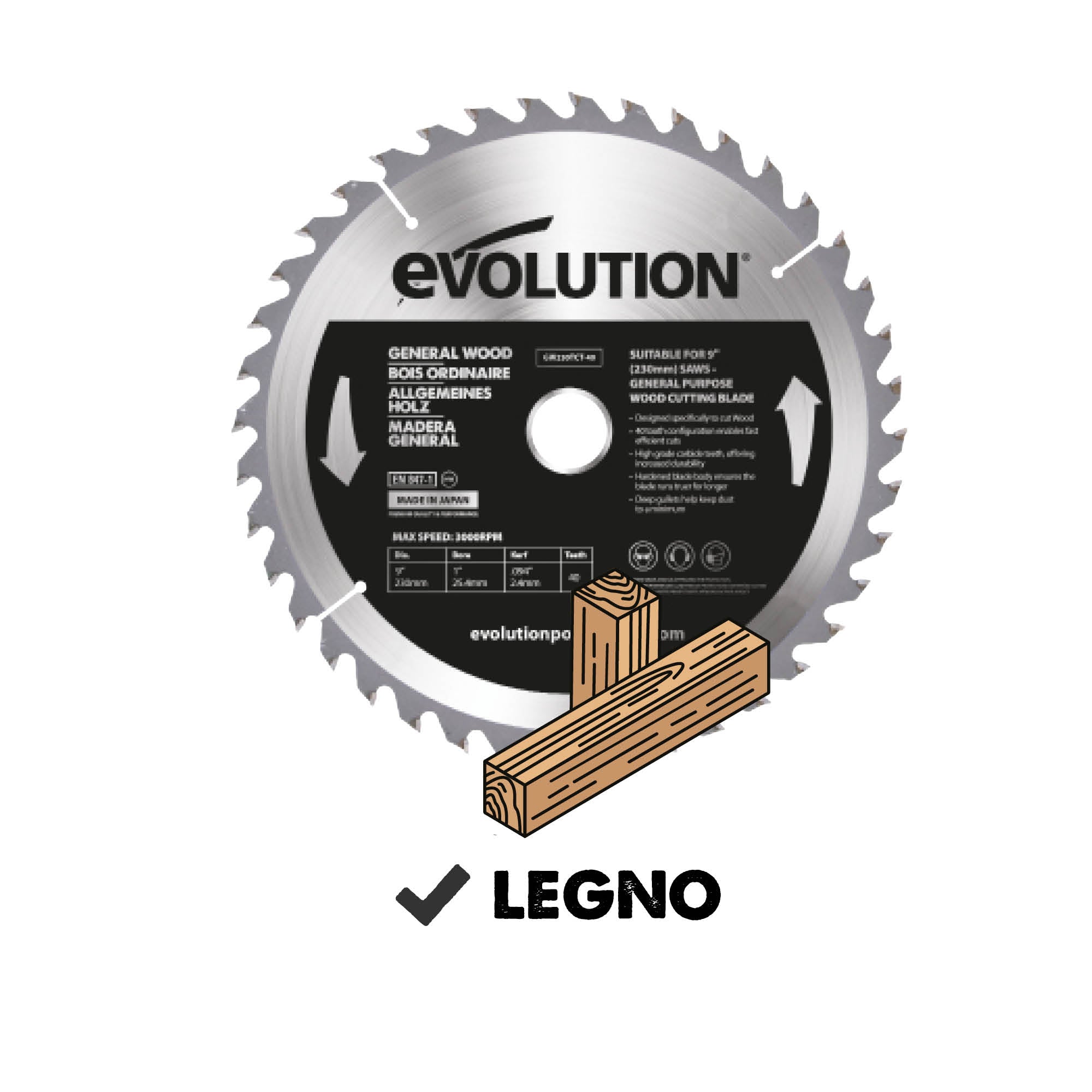 Lama per legno in TCT da 255mm, 40 denti, alesaggio 25,4mm per troncatrici e seghe da banco