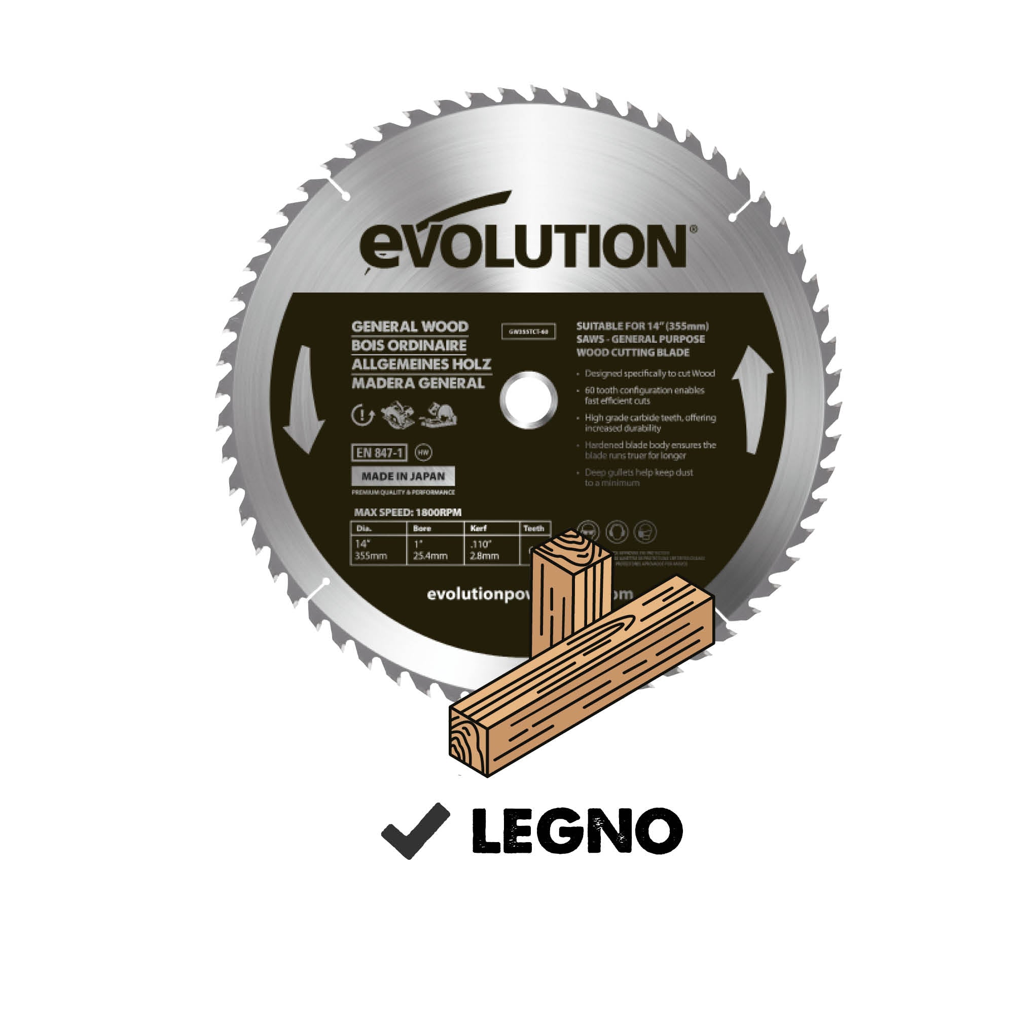 Lama per legno in TCT da 355mm, 60 denti, alesaggio 25,4mm per troncatrici