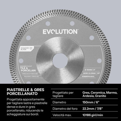 Disco diamantato per gres porcellanato e piastrelle, 150mm, diametro interno di 22.2mm