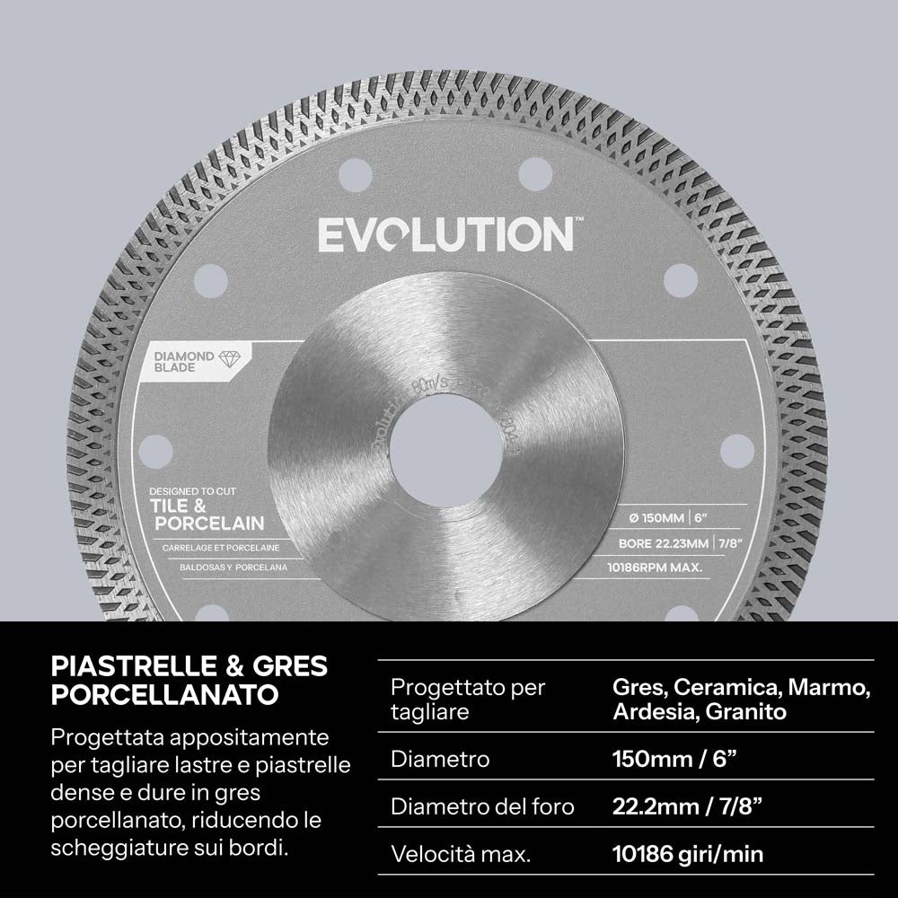 Disco diamantato per gres porcellanato e piastrelle, 150mm, diametro interno di 22.2mm
