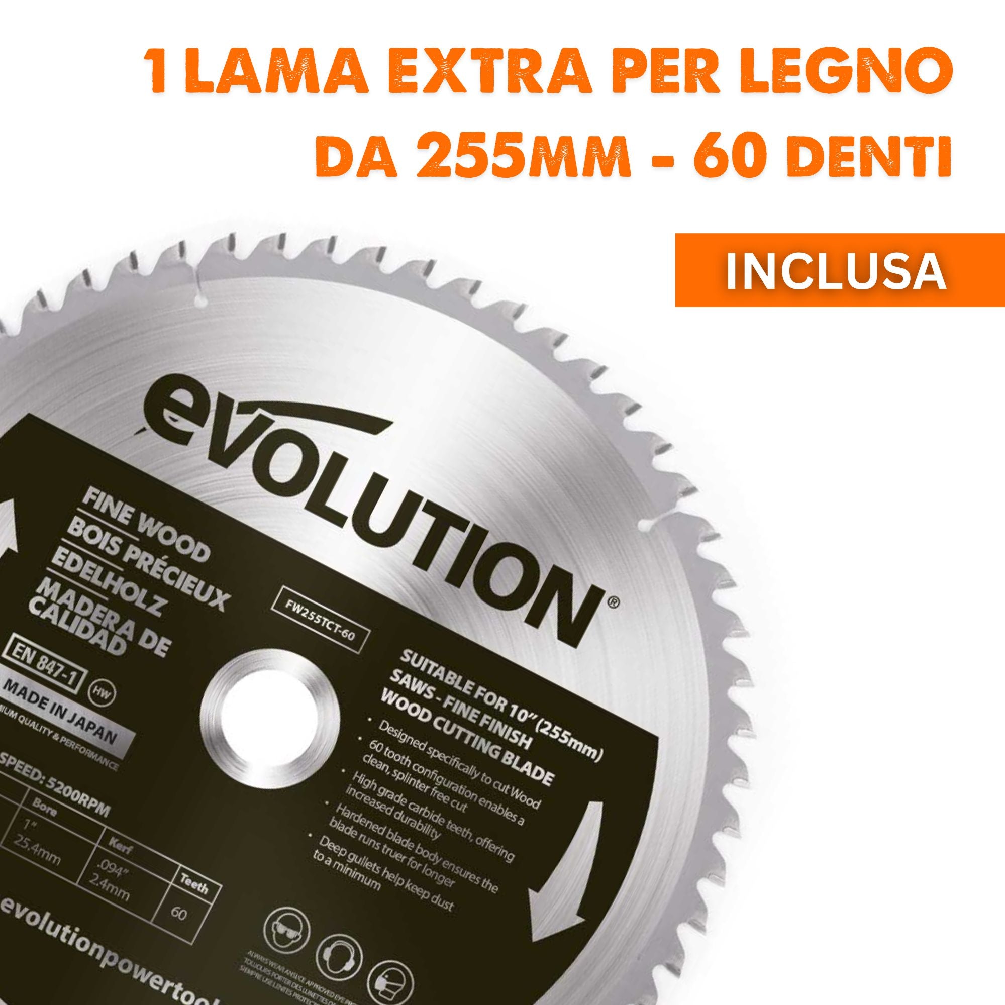 Pacchetto Evolution: Troncatrice radiale a doppia inclinazione da 255mm R255SMS-DB+ con lama multi-materiale TCT e lama per legno da finitura + Supporto universale PLUS