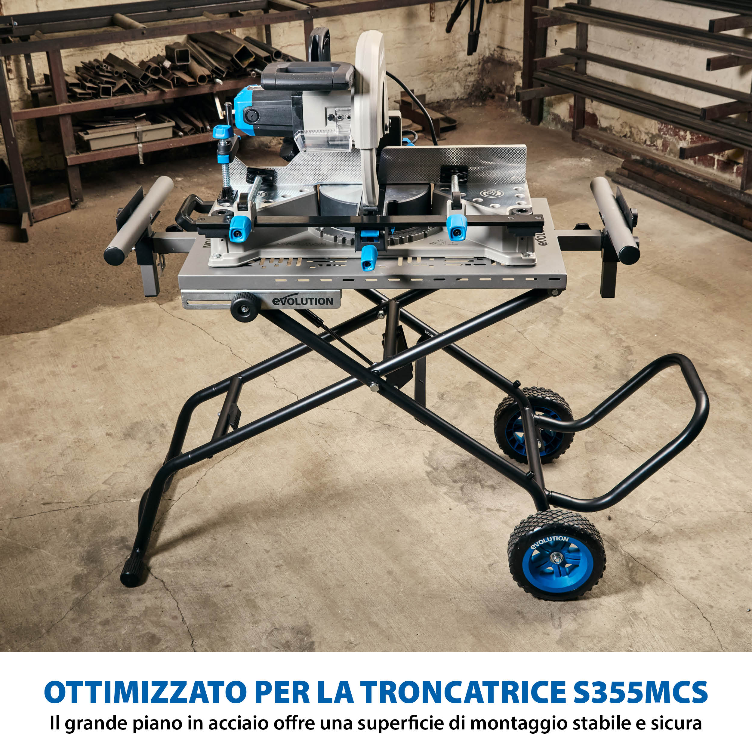 Troncatrice per metallo da 355 mm Evolution S355MCS + Supporto con ruote MCSSTAND