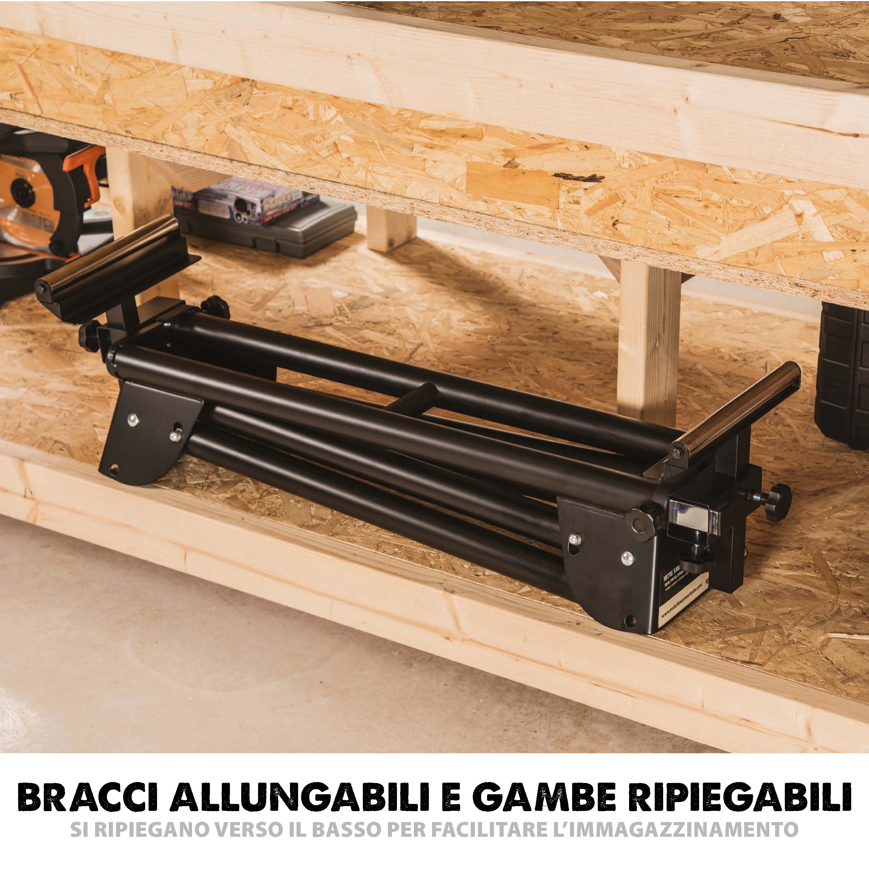 Pacchetto Evolution: Troncatrice radiale a doppia inclinazione da 255mm R255SMS-DB+ con lama multi-materiale TCT + Supporto universale